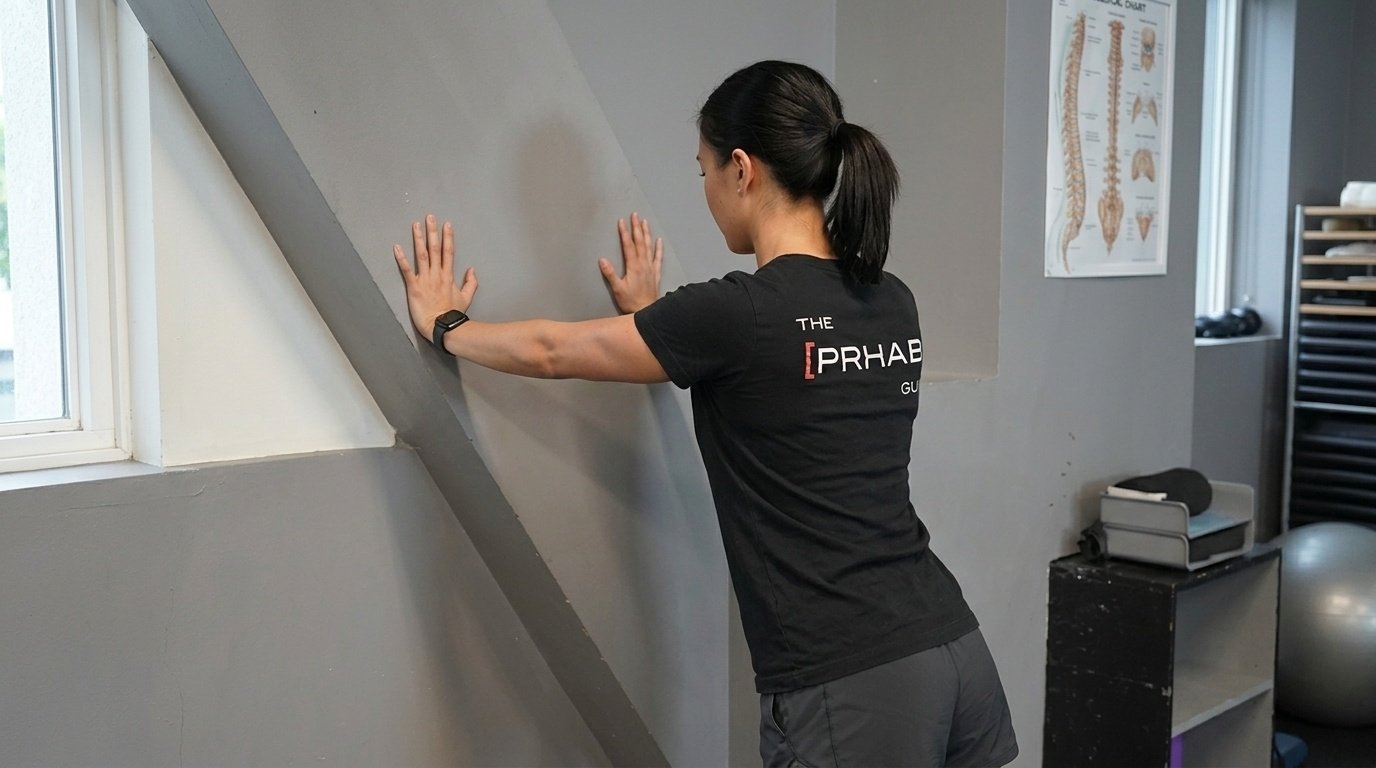 Woman doing the wall push-up with a plus, with both hands flat against a wall.
