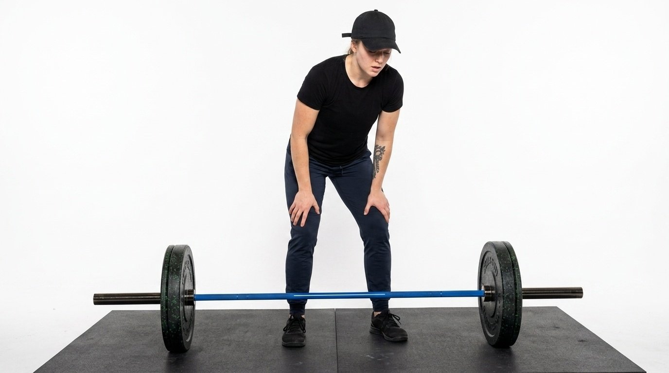 Woman catching breath after dropping the barbell off her hands.