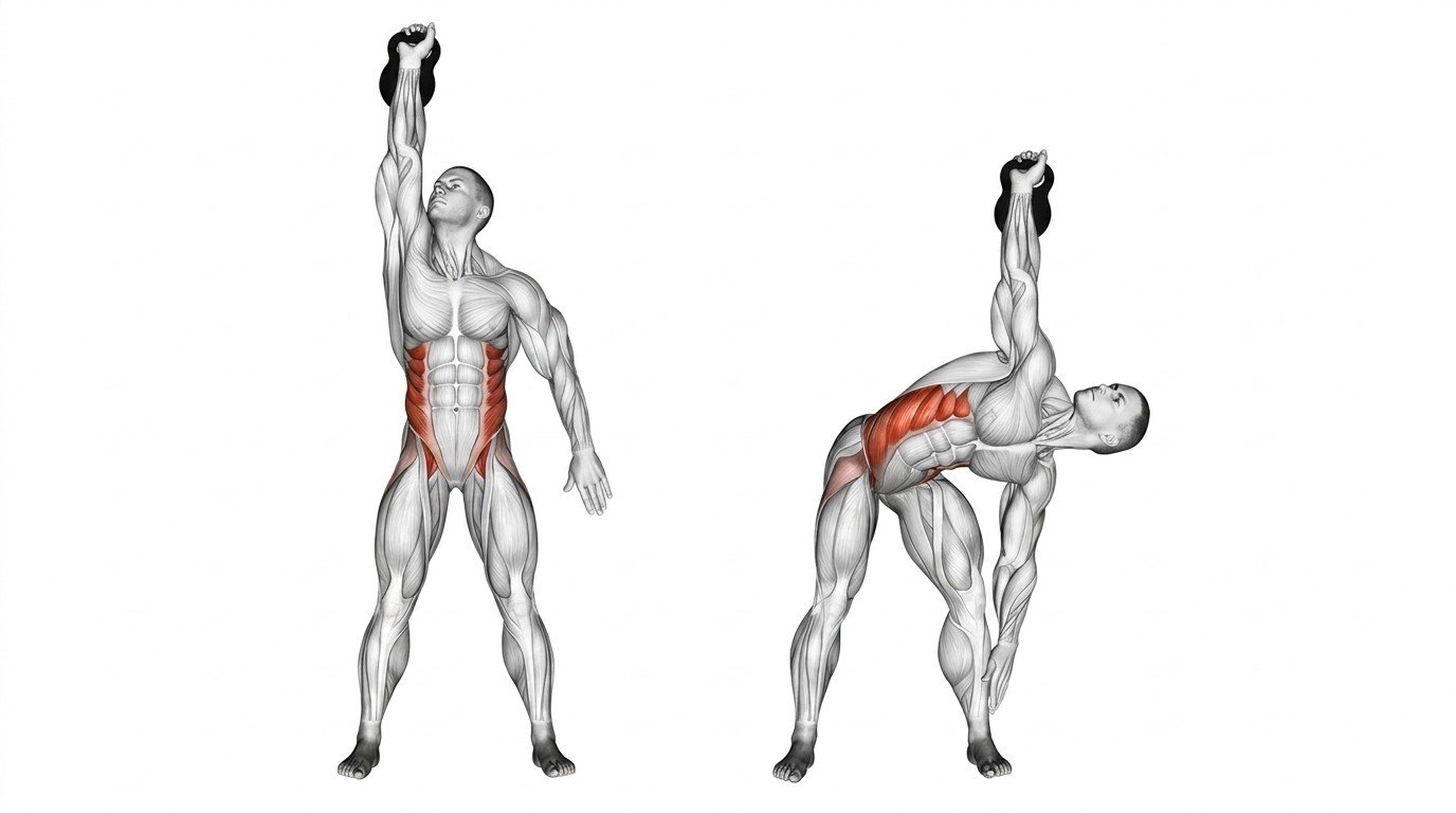 Athlete performing a kettlebell windmill with overhead hold and controlled hip hinge.