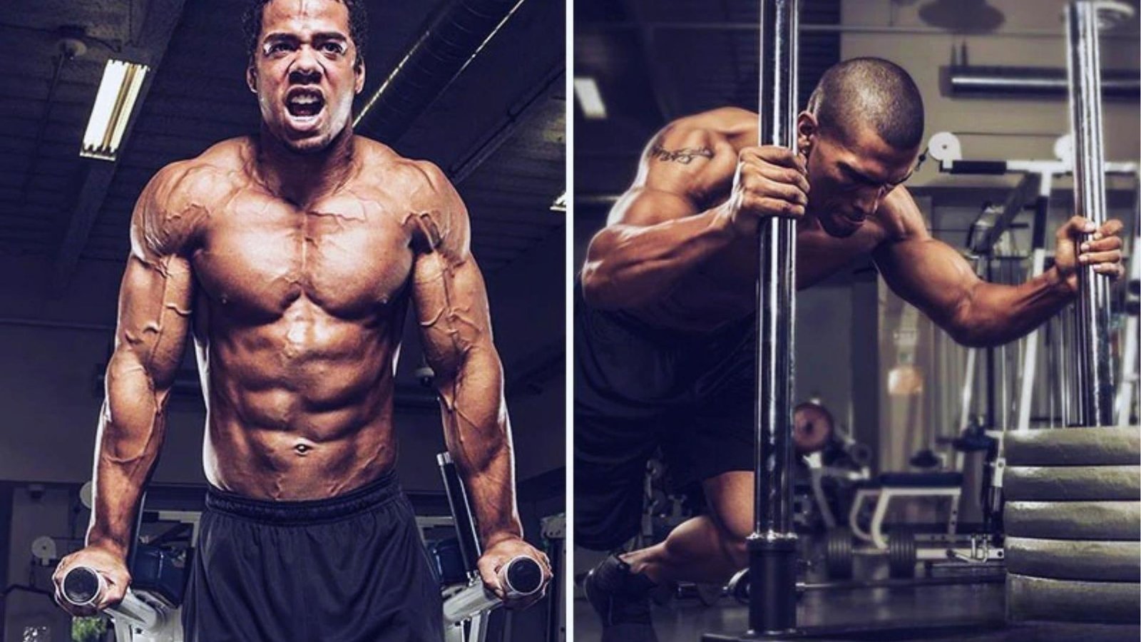 Split image left shows muscular shirtless man yelling on dip bars, right shows man pushing heavy sled in gym.