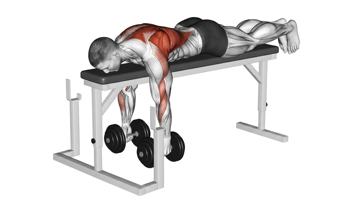 Person performing a dumbbell seal row while lying face down on a raised bench.