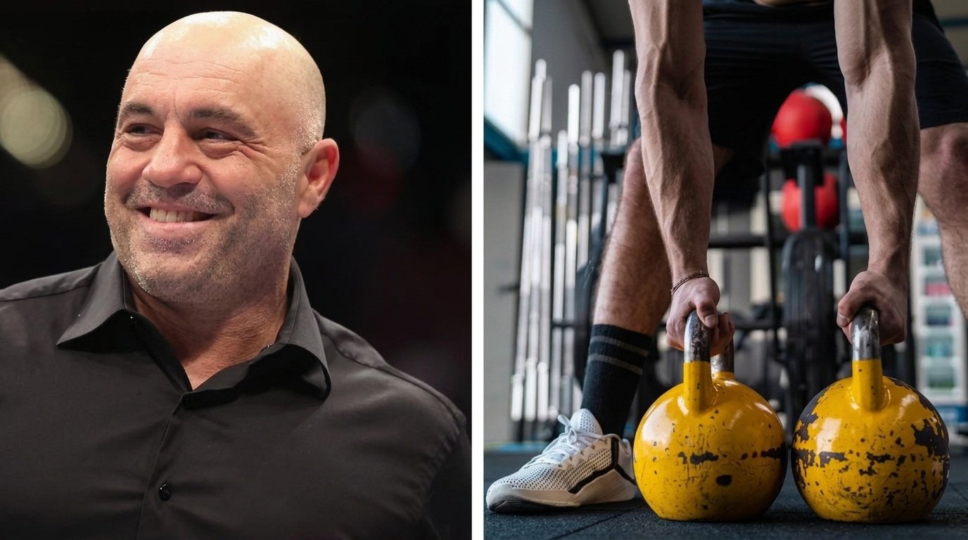 Split-view of Joe Rogan and his Kettlebell workout overview.