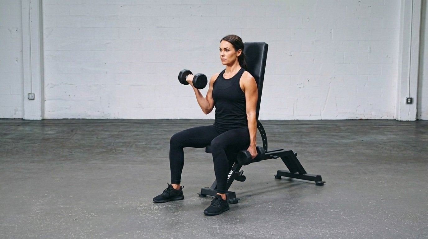 Woman doing seated dumbbell curl plus while sitting on a gym bench.