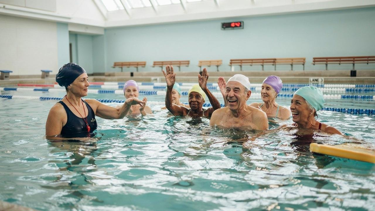 Older adults exercising in a water aerobics class.