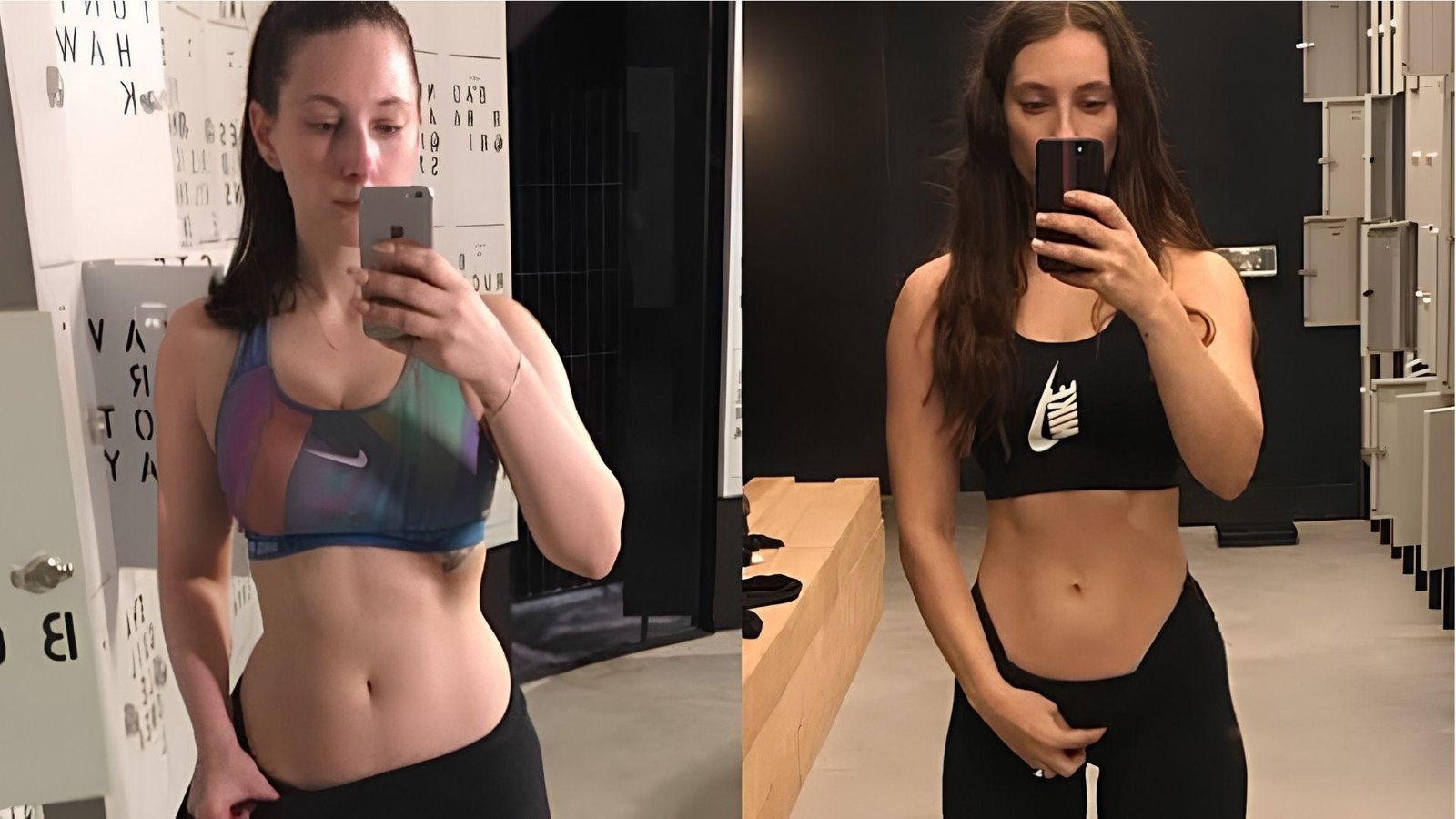 Side-by-side mirror selfies showing female chest and core transformation progress in gym locker room.