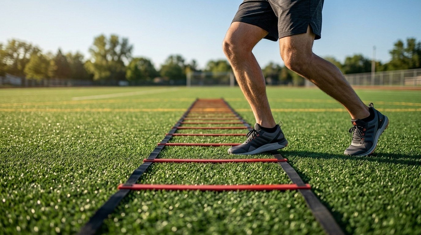 Athlete doing acceleration ladder drill on grass field to build quick footwork and speed.