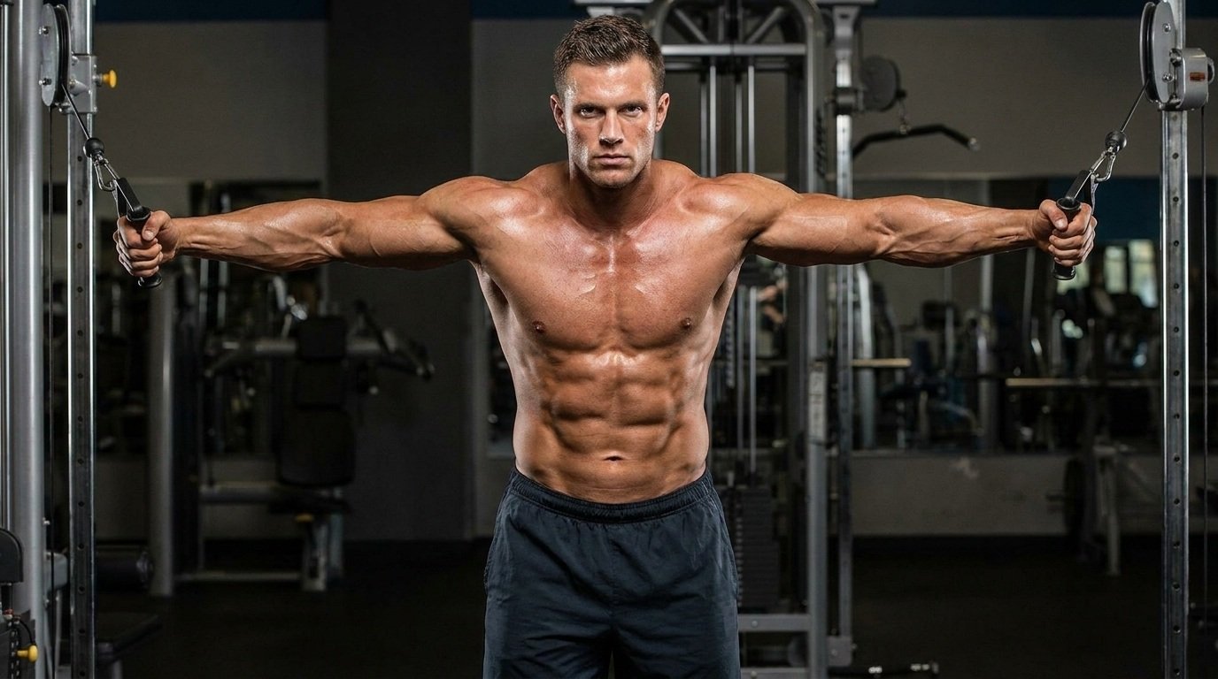 Man performing overhead cable curl with arms extended using dual cable machine in the gym.