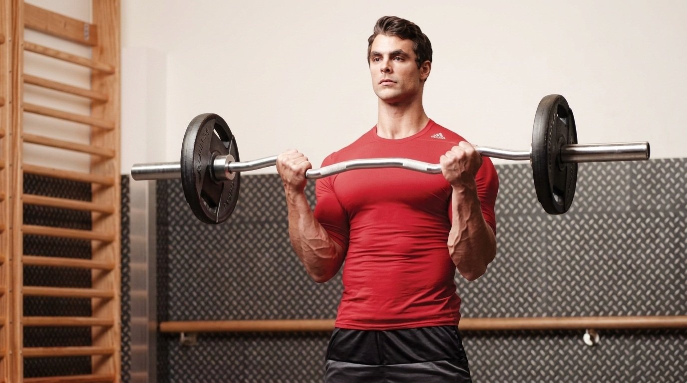 Man performing close grip EZ bar curls to train short head biceps.