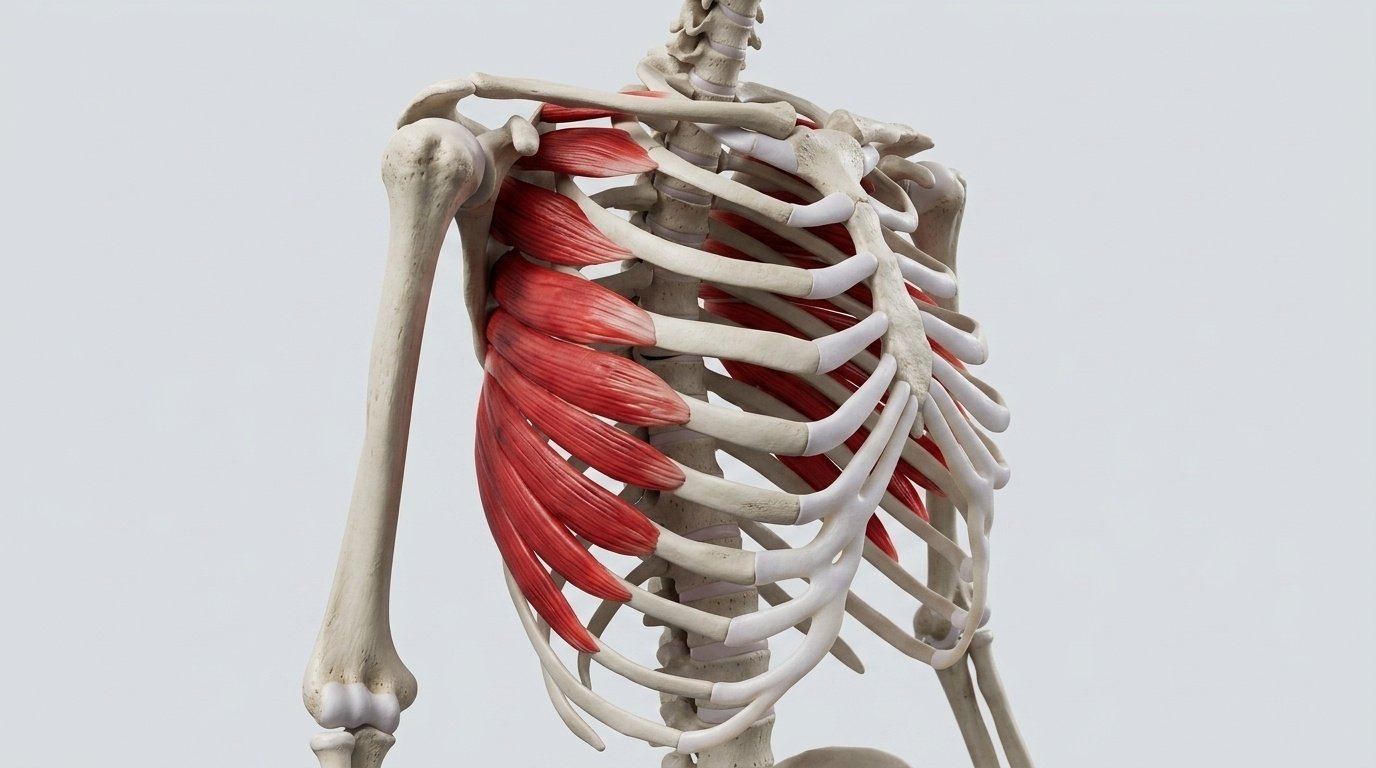 Anatomical illustration showing the serratus anterior muscle highlighted in red.