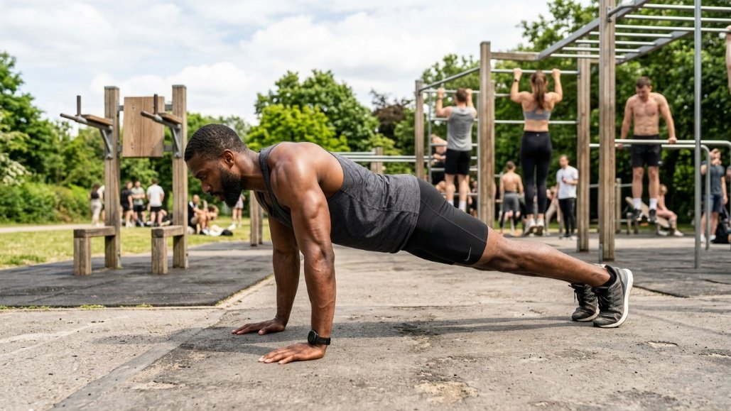 Athlete performing a proper push-up to build strength with calisthenics progressions.