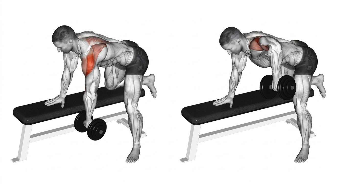 Person performing a rear delt row with dumbbells to target the upper back and shoulders.