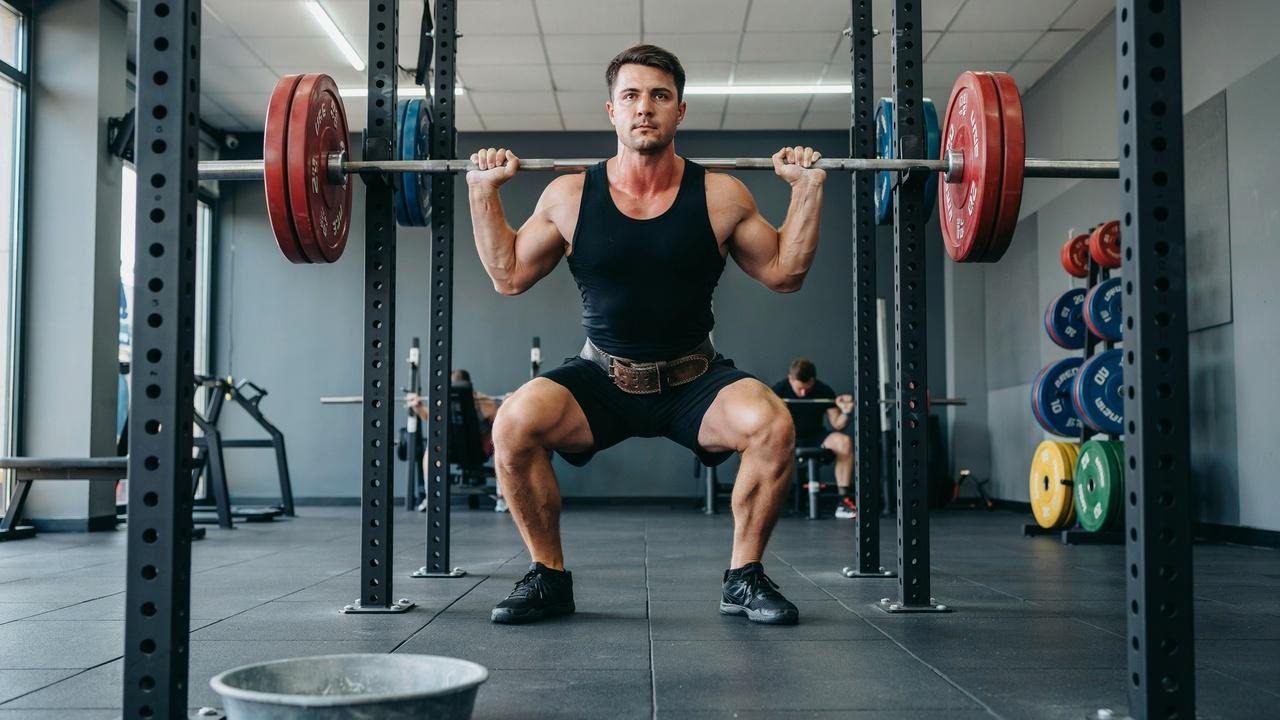 Man performing barbell back squat in the gym.