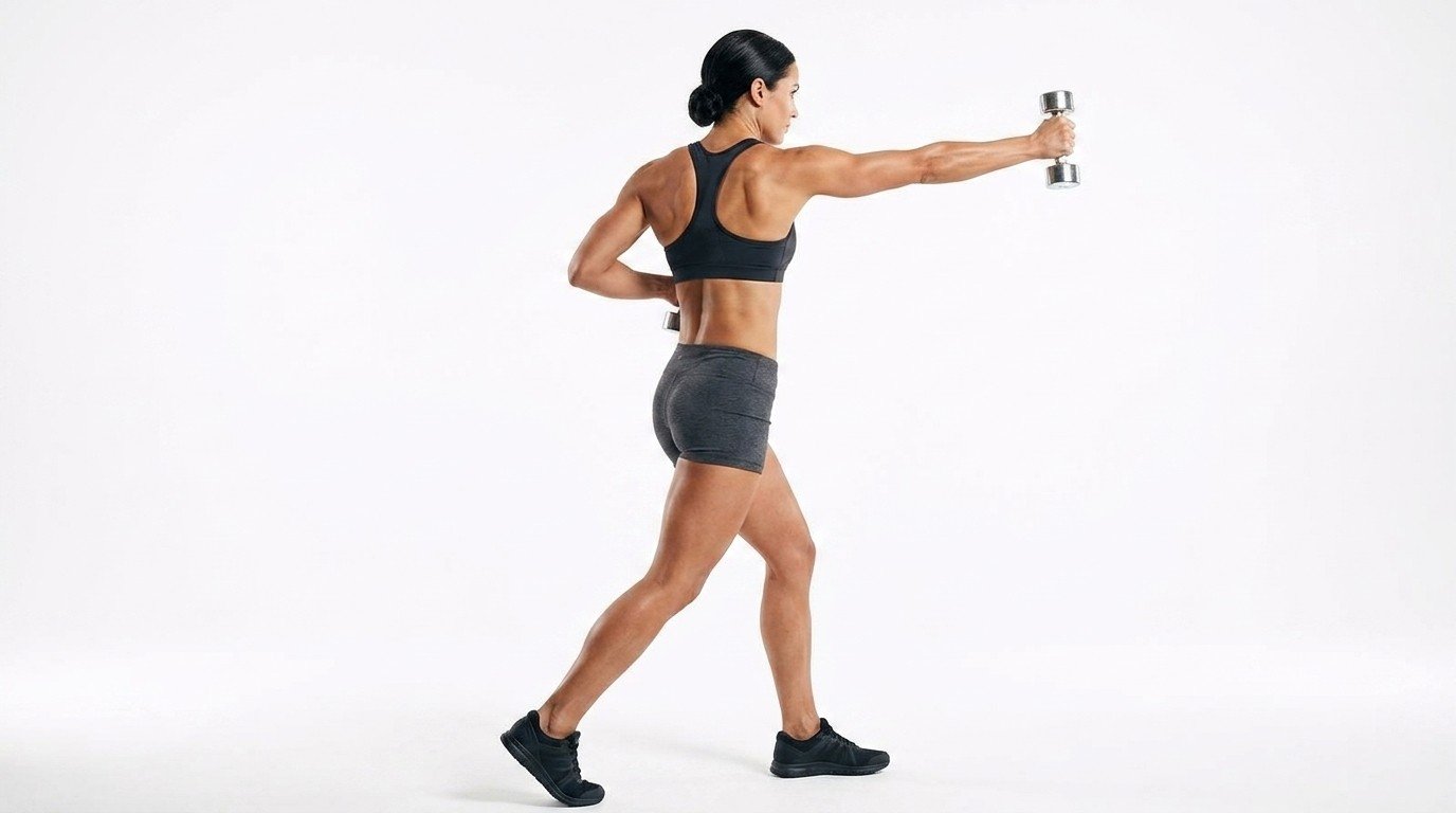 Woman doing the dumbbell rotational punch while holding the dumbbell to punch ahead.
