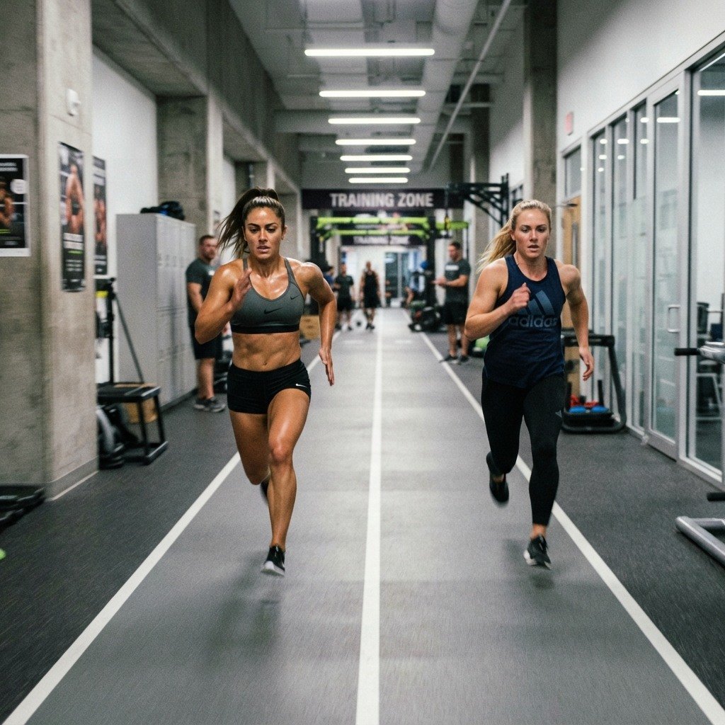 Two women sprinting indoors down a hallway during training session.