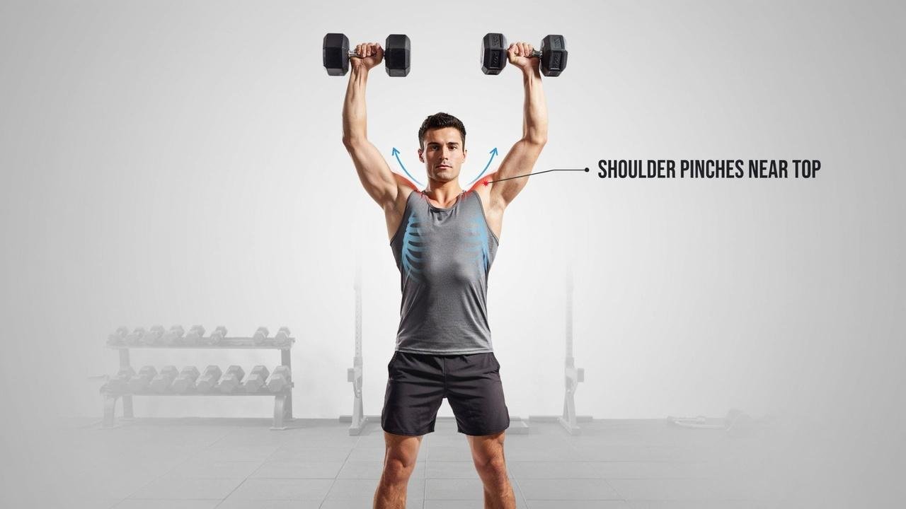 A man demonstrating improper form as his shoulders pinches near the top of the movement during chest workout.
