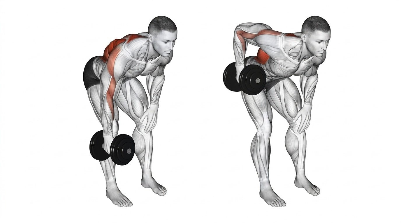 Person performing a dumbbell bent-over row with a flat back and controlled rowing motion.