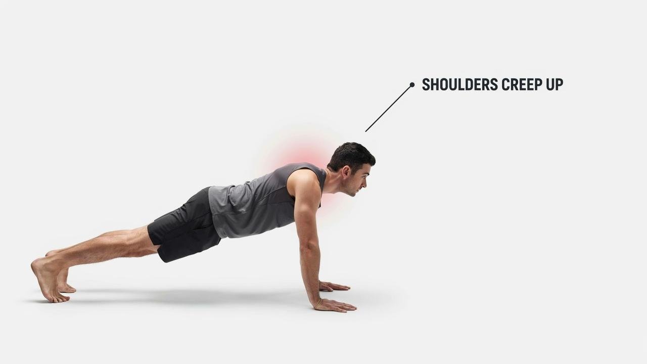A man in a push-up position, demonstrating improper form as his shoulders rise towards his ears.