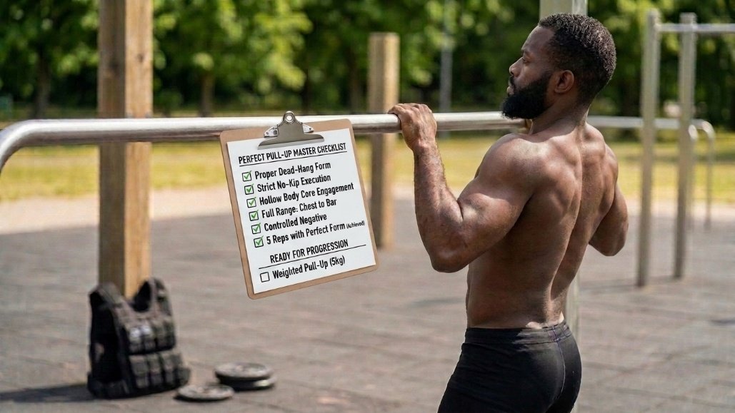 Athlete tracking progress before moving to the next calisthenics progression.