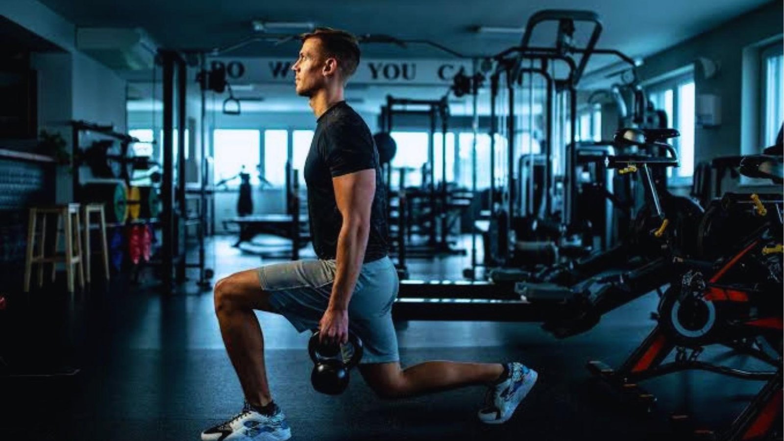 Man in black shirt does kettlebell lunge in dark gym with spin bikes and "DO WHAT YOU CAN" wall text.