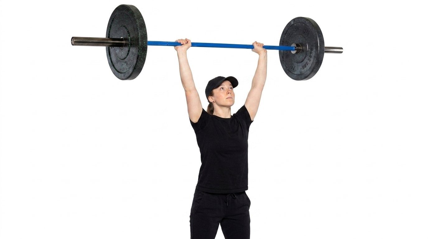 Woman pulling the barbell straight up till it reaches over her head.