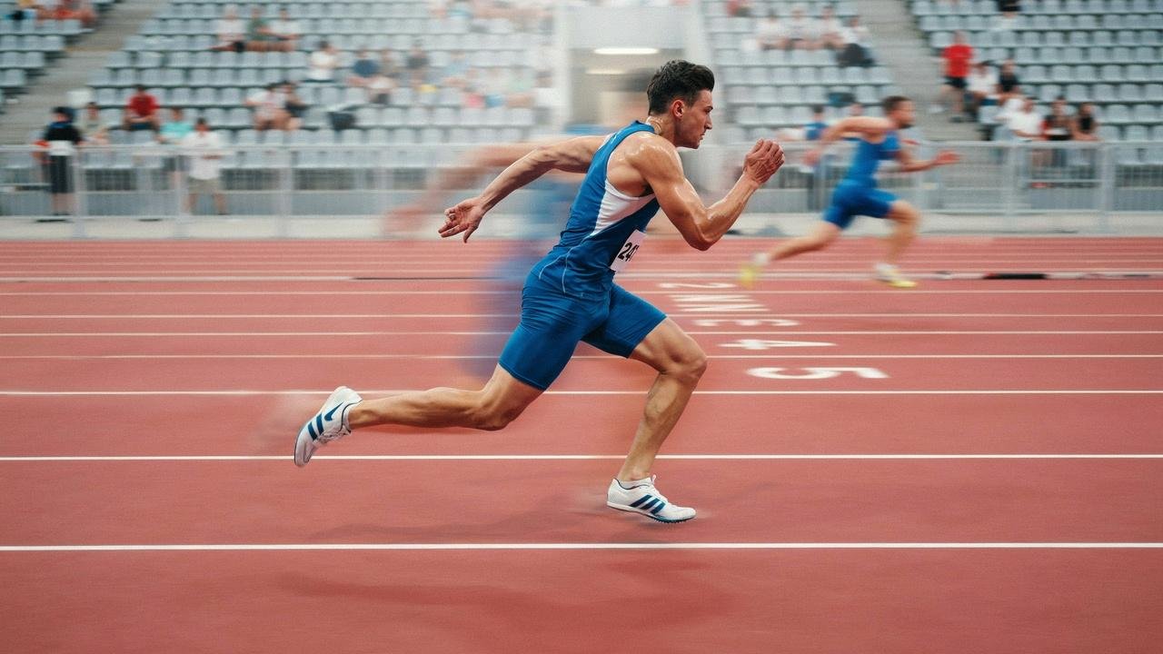 Sprinter in blue uniform is at mid stride on red track.