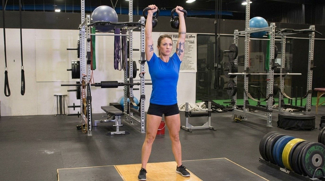 Woman doing the double kettlebell clean and press workout.