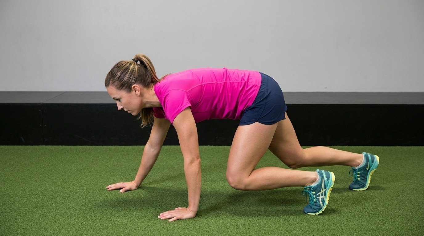 Woman doing the bear crawl while taking steps ahead.