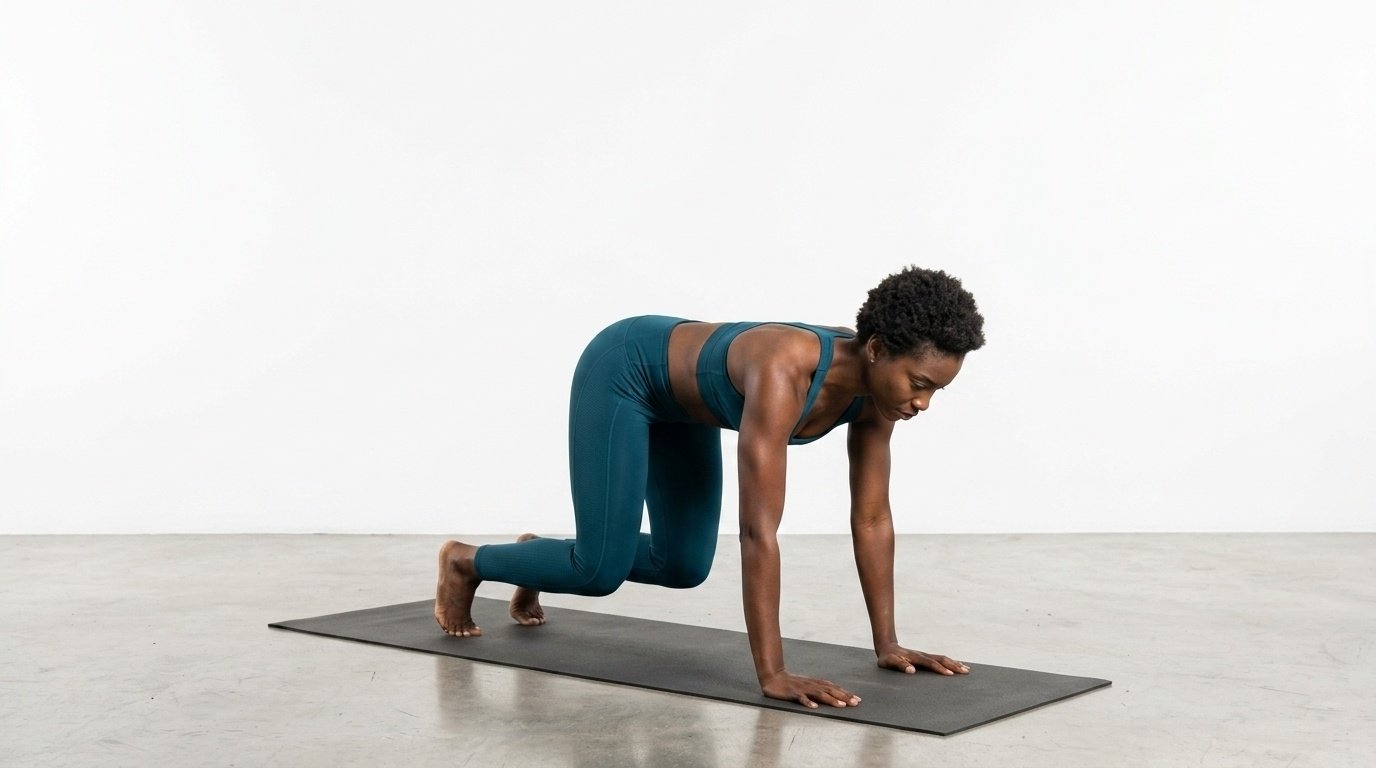 Woman doing the bear crawl hold with her knees hovering over the mat and arms resting straight on the mat.