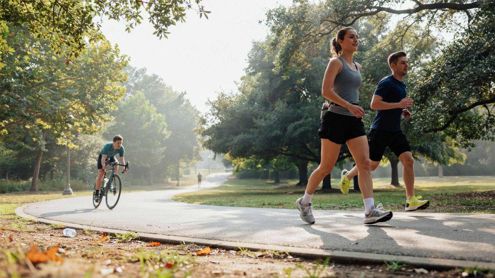 An athletic man and woman jog together on an outdoor path on a sunny day.