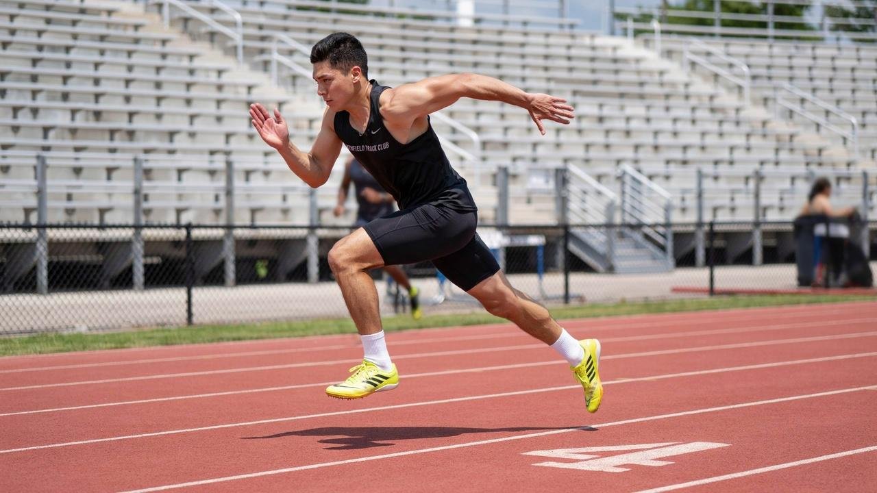 Sprinter in black uniform sprinting forward mid-air on the outdoor track.