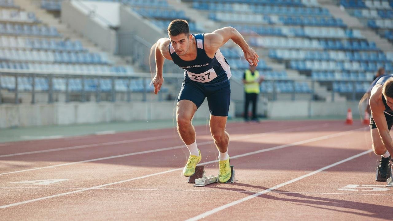 Athlete starts sprint race from starting blocks on stadium track wearing number 237 jersey outdoors.