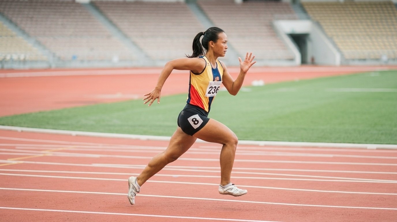 Athlete runs fast on a track during a stadium race.