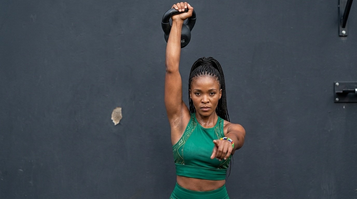 Woman doing the overhead waiter’s carry while holding a kettlebell in one hand over her head.