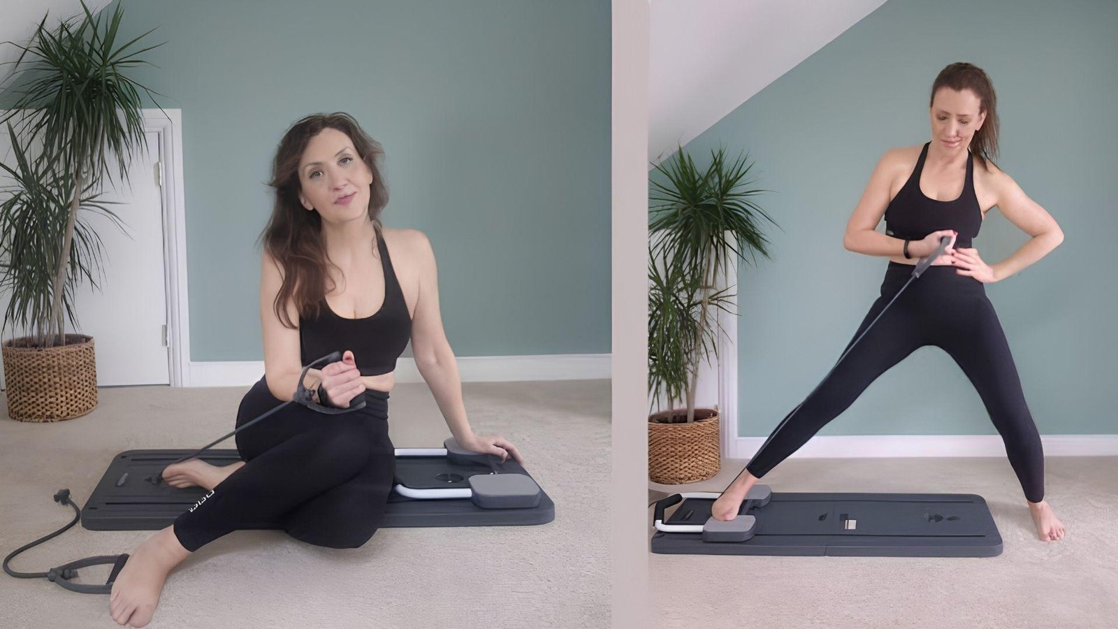 Woman doing seated and standing Pilates board exercises with resistance band