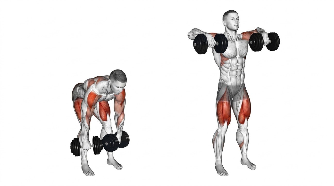Athlete performing a dumbbell high row with elbows lifted and shoulder blades squeezed.