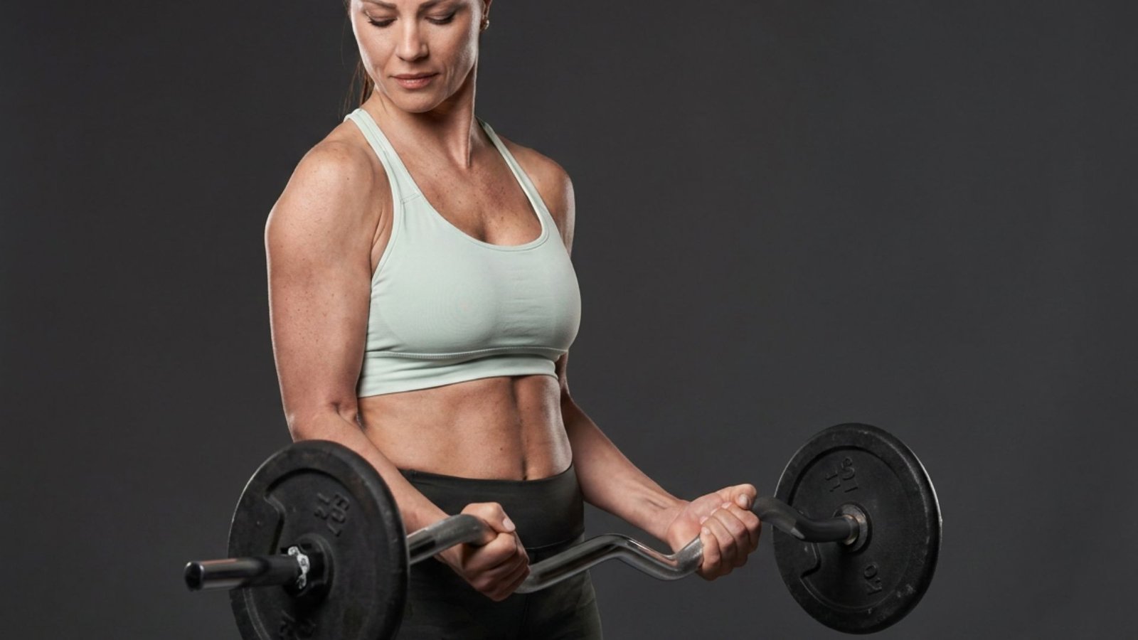 Woman lifting a curl bar loaded with weight plates during a bicep exercise.