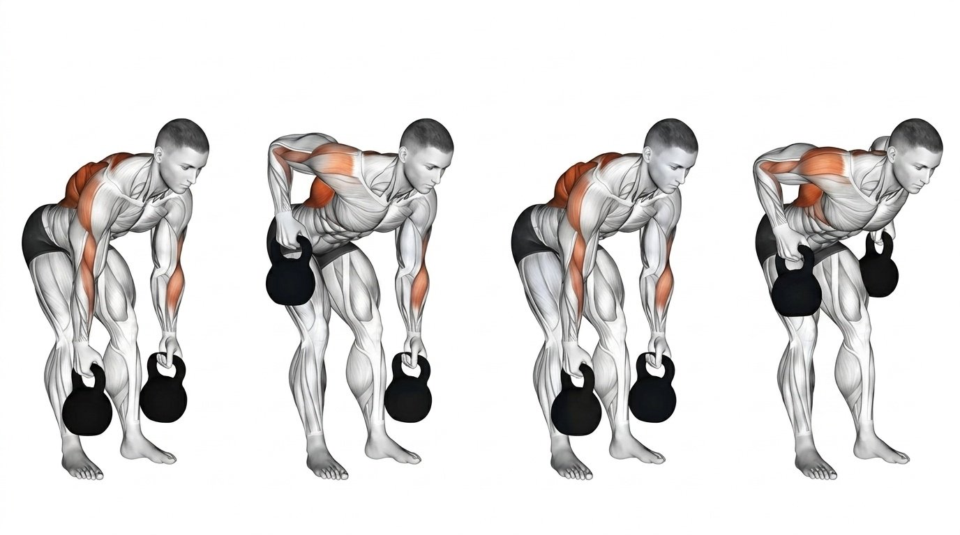 Person performing alternating dumbbell gorilla rows from a bent-over stance.