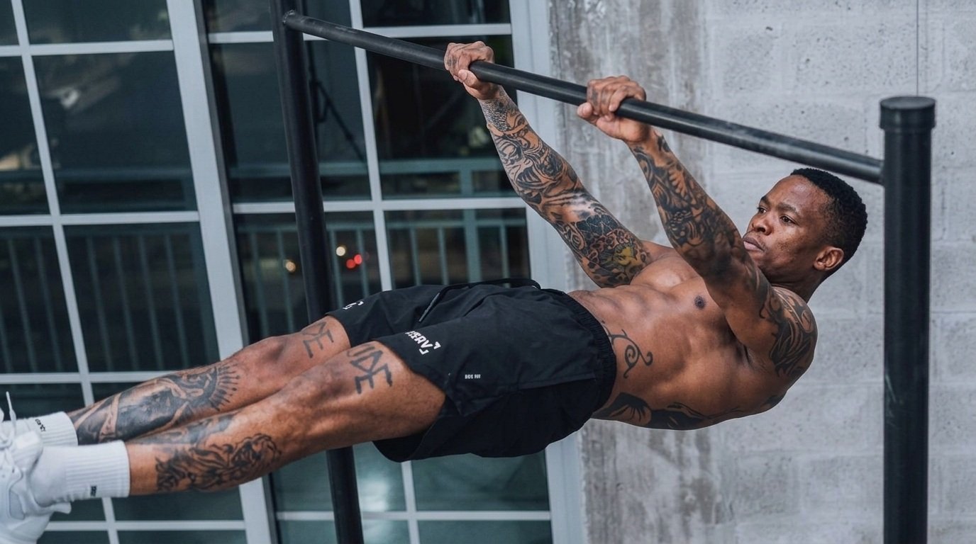 Man doing a front lever hold on a bar outdoors, body held straight and horizontal.