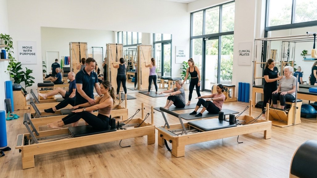 Different types of Pilates including mat, reformer, tower, and clinical Pilates in a fitness studio.