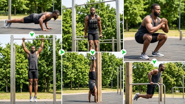 Calisthenics progressions for push-ups, pull-ups, squats, dips, handstands, and muscle-ups.