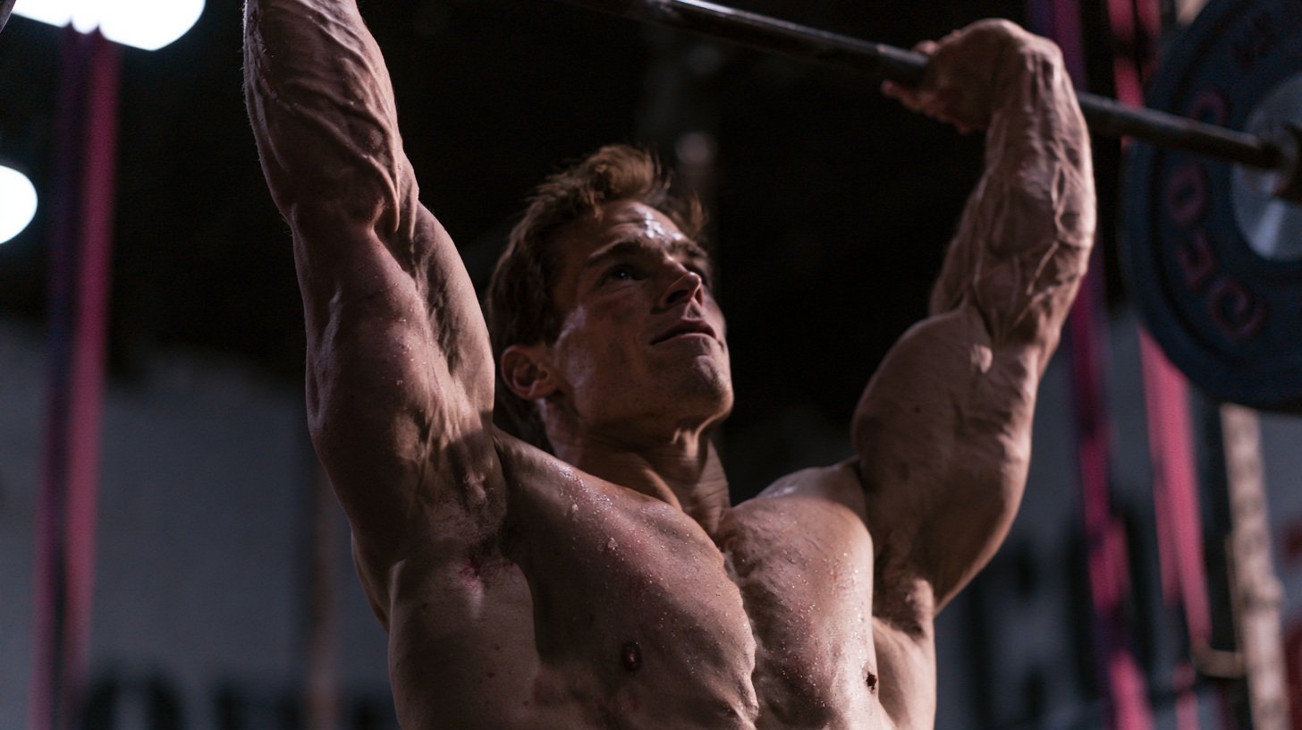 Man performing overhead press to train broad shoulders