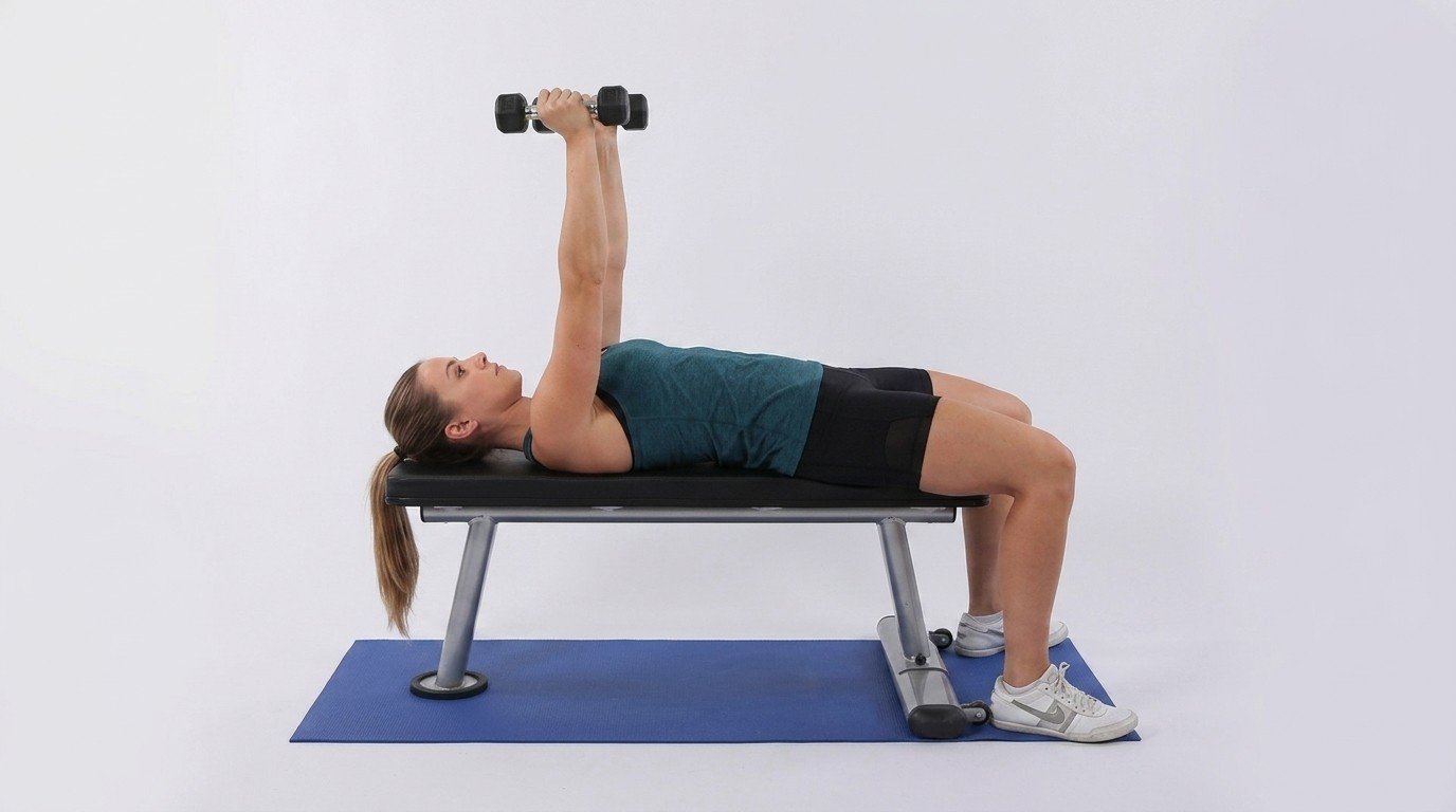 Woman doing the supine serratus punch with a dumbbell, with her arms holding the dumbbells to punch toward the ceiling.