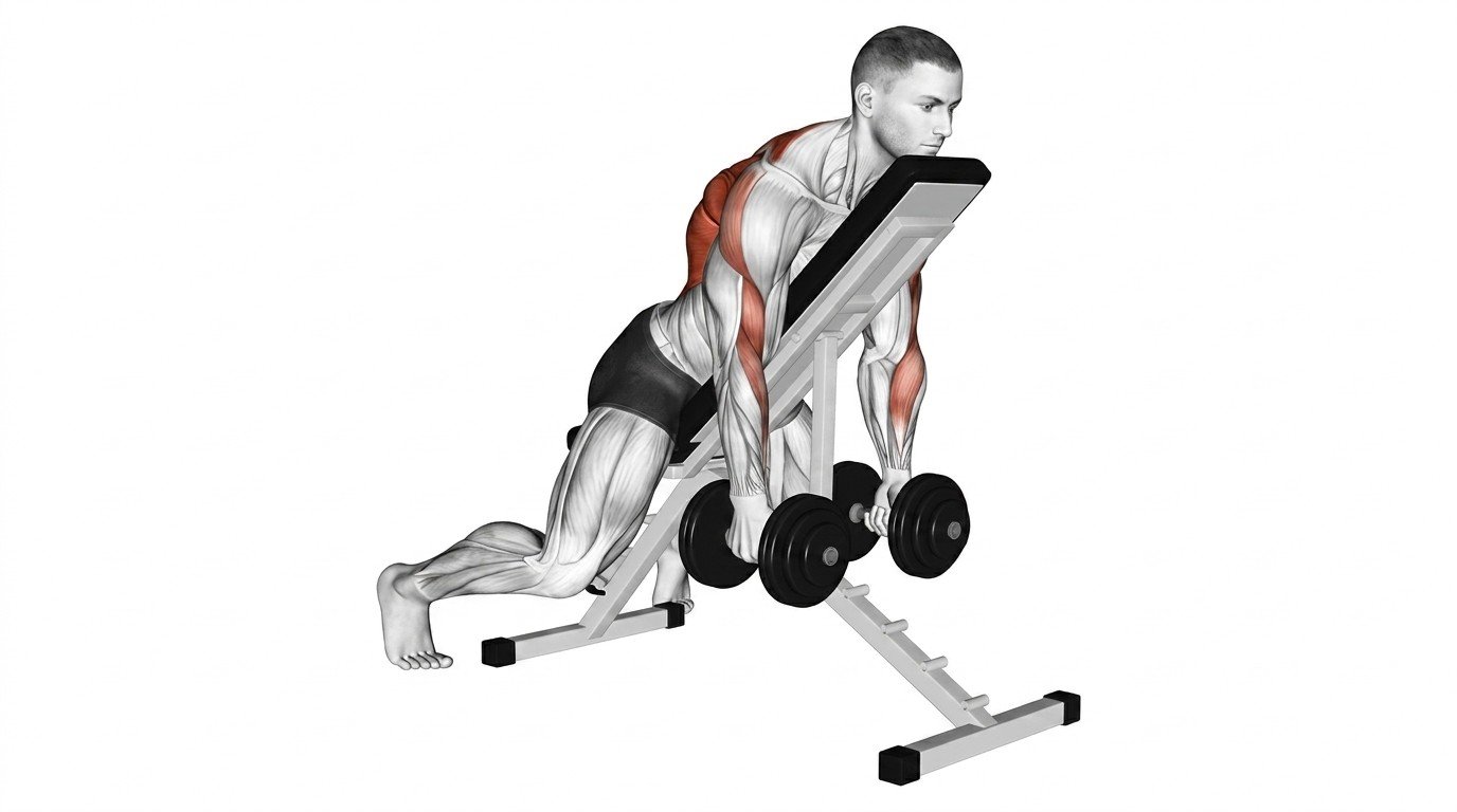 Person performing a chest-supported dumbbell row on an incline bench with strict form.