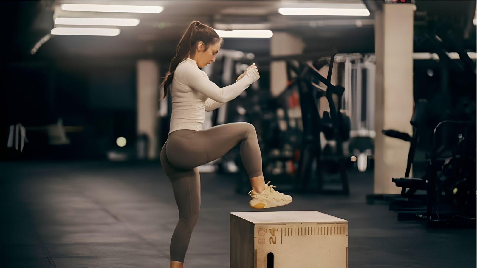 Woman doing safe box step-ups in gym as first trimester pregnancy exercise