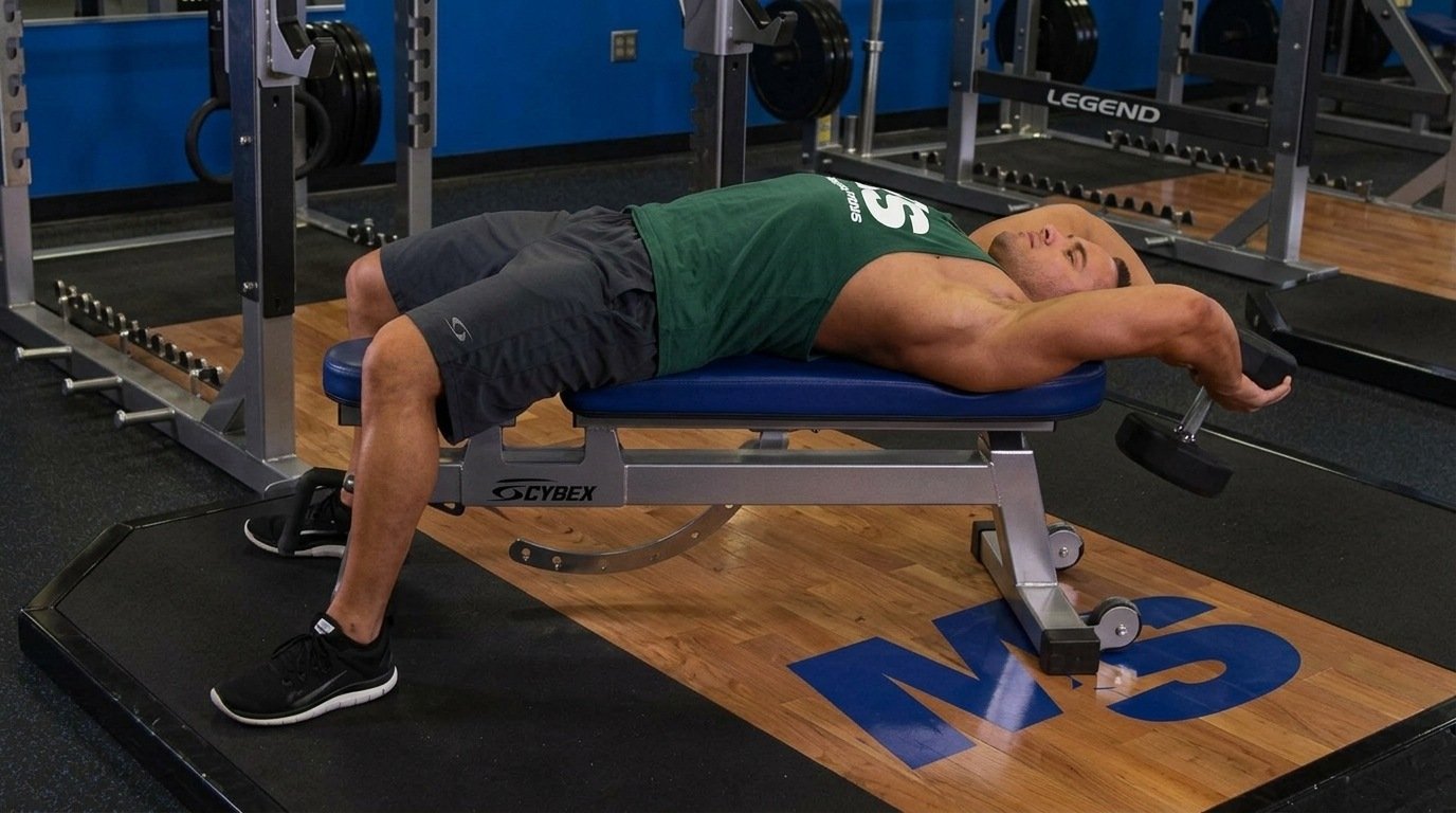 Man doing the dumbbell pullover by holding a dumbbell with both hands.