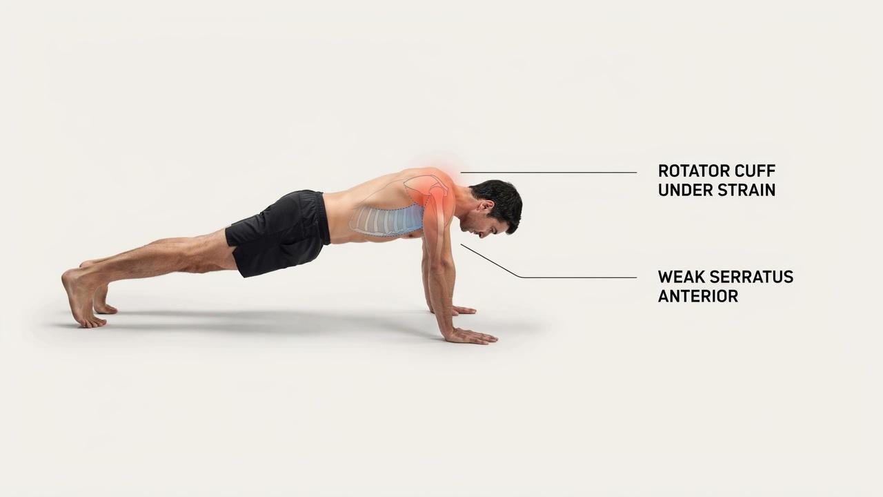 A man in a push-up position, reflecting the weak serratus anterior forcing the rotating cuff under strain.