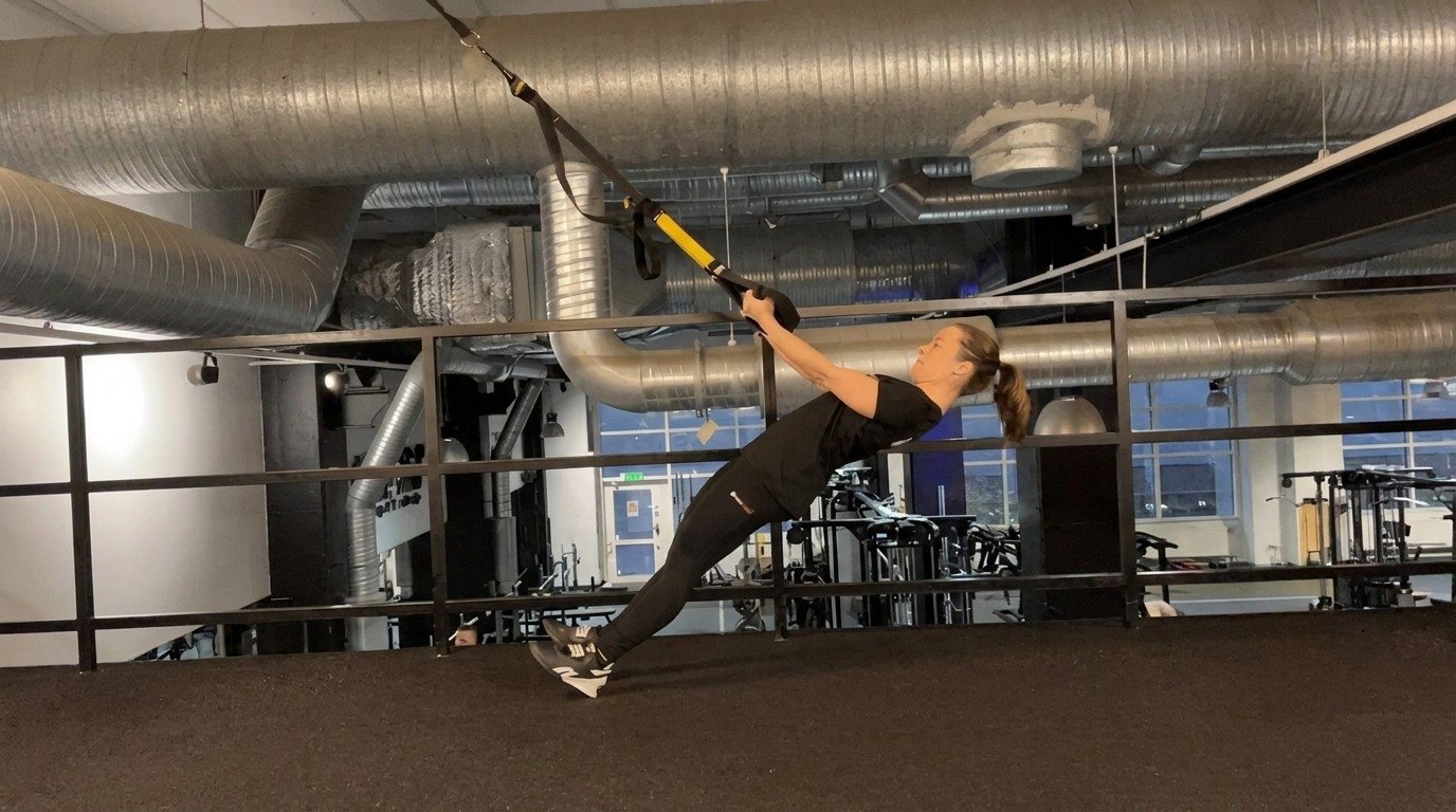 Woman leaning back doing the bodyweight curl inside a gym.