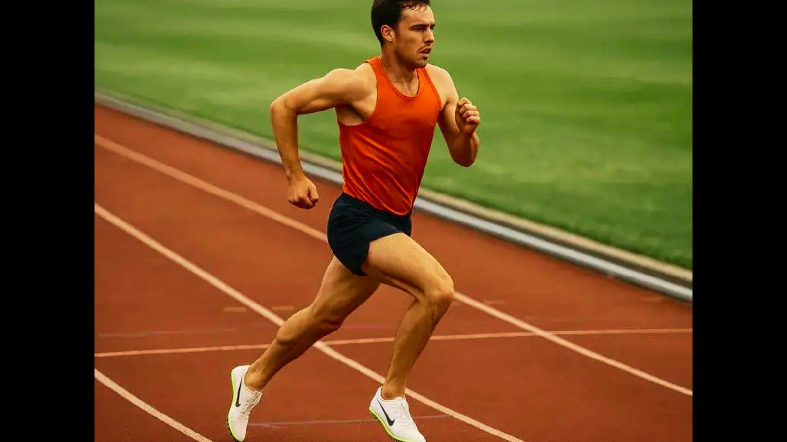 A male runner in a red top sprinting on an outdoor track.