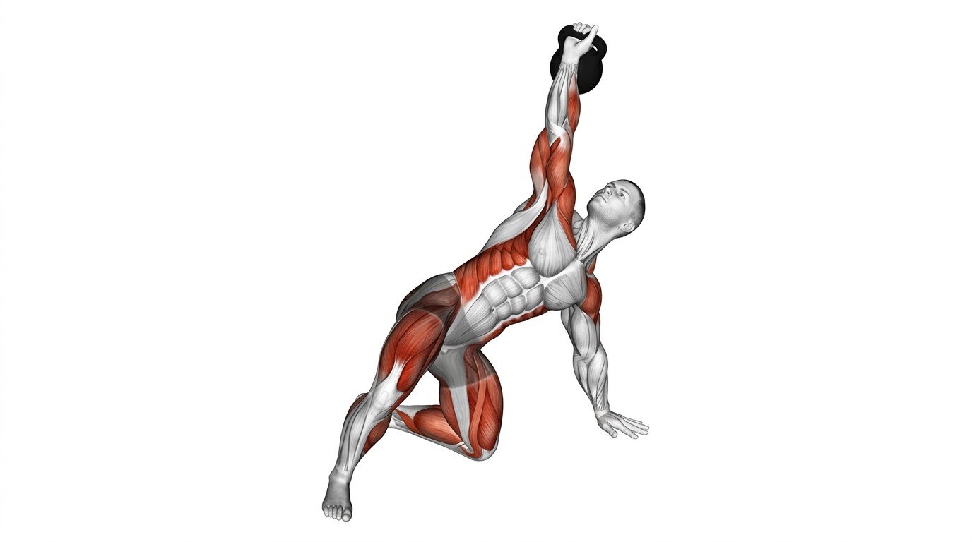 Person performing a Turkish get-up with a kettlebell held overhead through each movement.