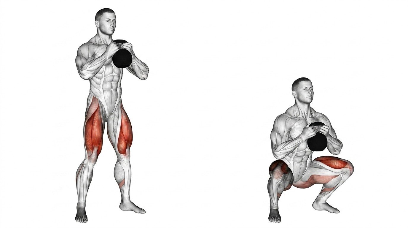 Athlete performing a goblet squat while holding a kettlebell close to the chest.